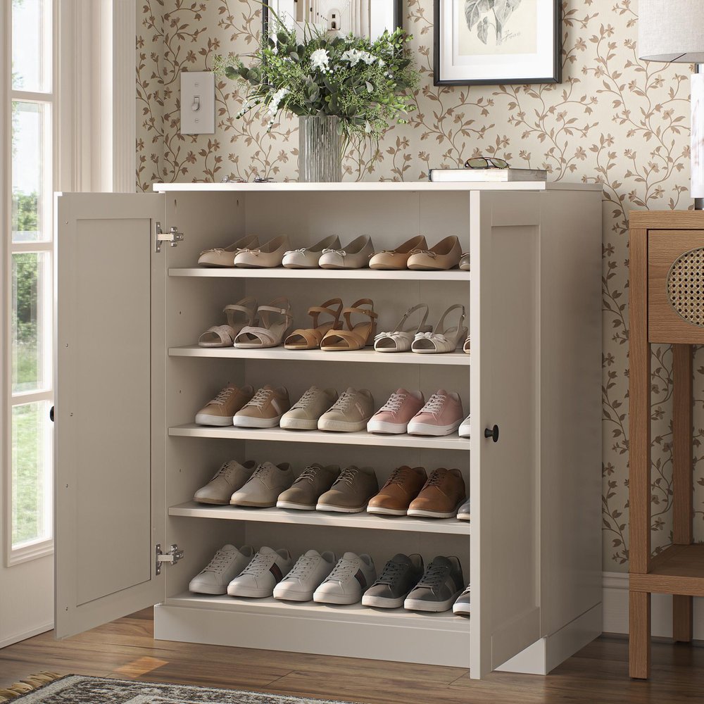 Off White Twenty Pair Solid WoodShoe Storage Cabinet