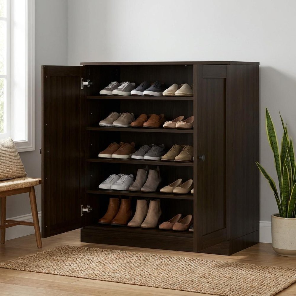 Espresso Twenty Pair Solid WoodShoe Storage Cabinet