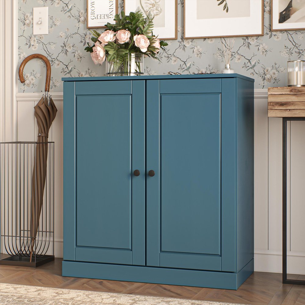 Teal Blue Twenty Pair Solid WoodShoe Storage Cabinet