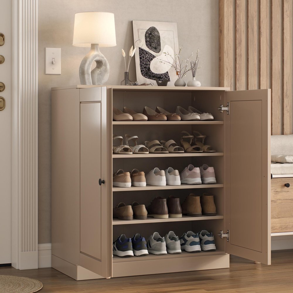 Beige Twenty Pair Solid WoodShoe Storage Cabinet