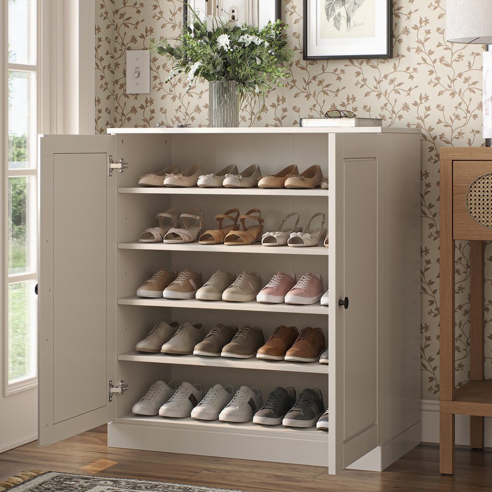 Off White Twenty Pair Solid WoodShoe Storage Cabinet