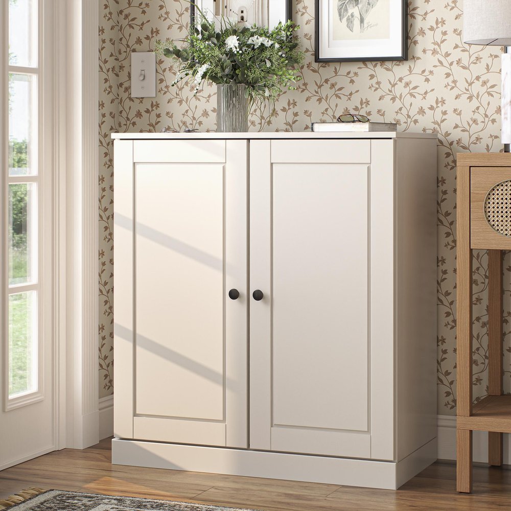 Off White Twenty Pair Solid WoodShoe Storage Cabinet