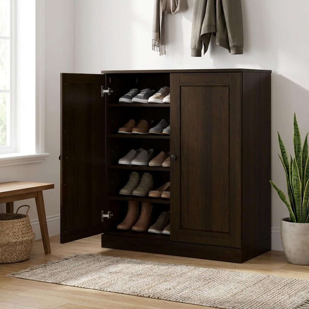 Espresso Twenty Pair Solid WoodShoe Storage Cabinet