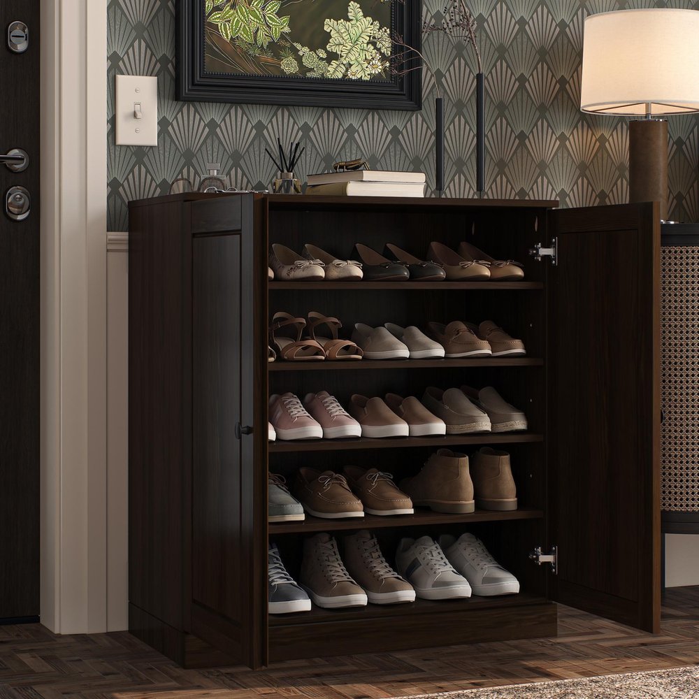 Espresso Twenty Pair Solid WoodShoe Storage Cabinet