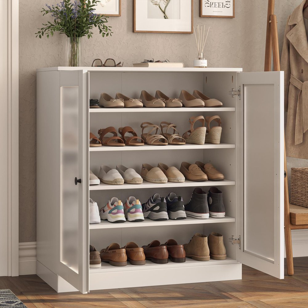 White Twenty Pair Solid WoodShoe Storage Cabinet