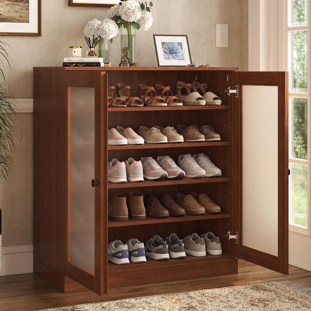 Coffee Twenty Pair Solid WoodShoe Storage Cabinet