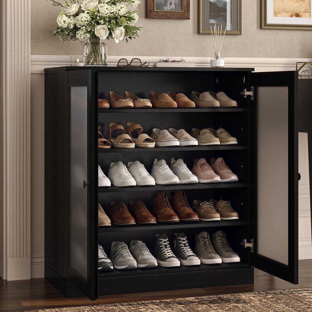 Black Twenty Pair Solid WoodShoe Storage Cabinet
