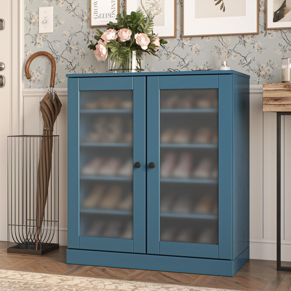 Teal Blue Twenty Pair Solid WoodShoe Storage Cabinet