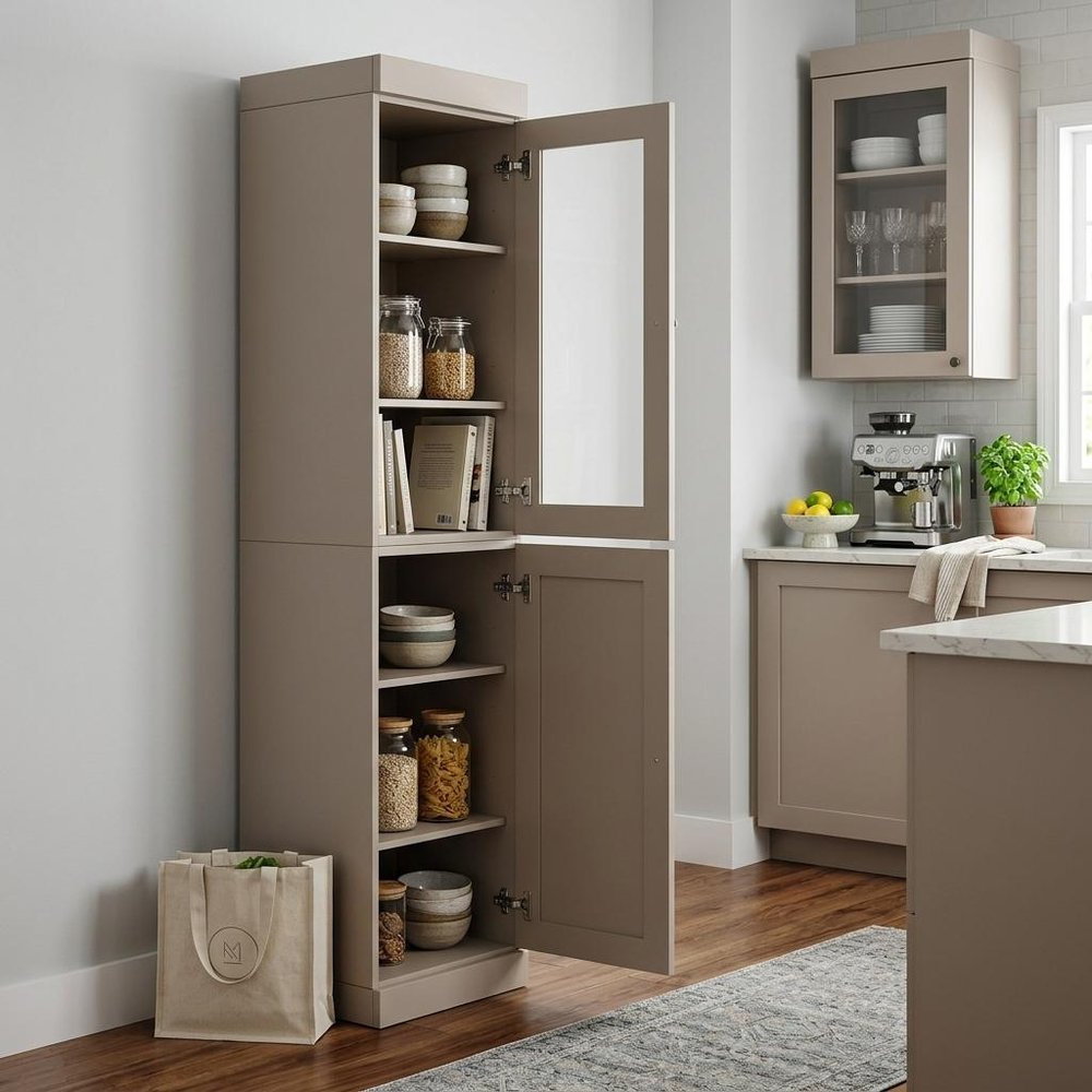72" Beige Solid Wood Two Door Pantry Or Storage Closet