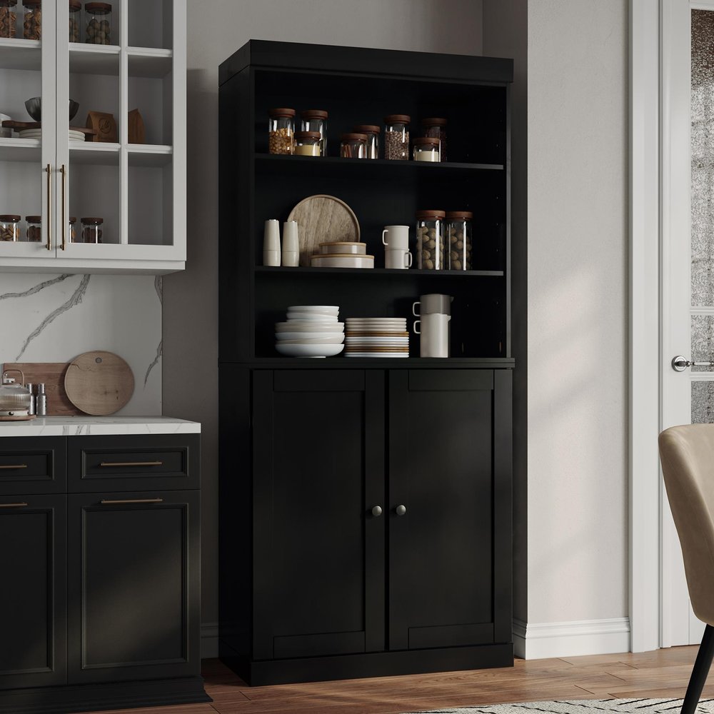72" Black Solid Wood Two Door Pantry Or Storage Closet