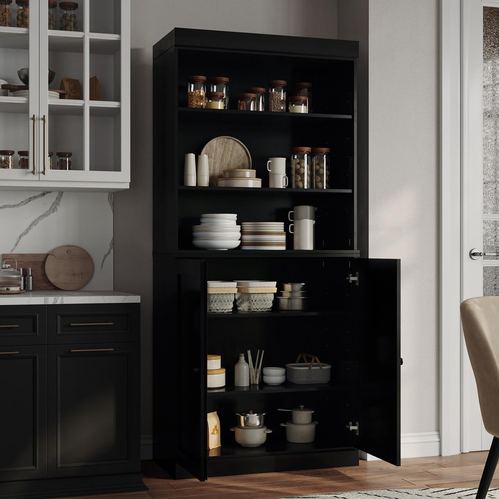 72" Black Solid Wood Two Door Pantry Or Storage Closet