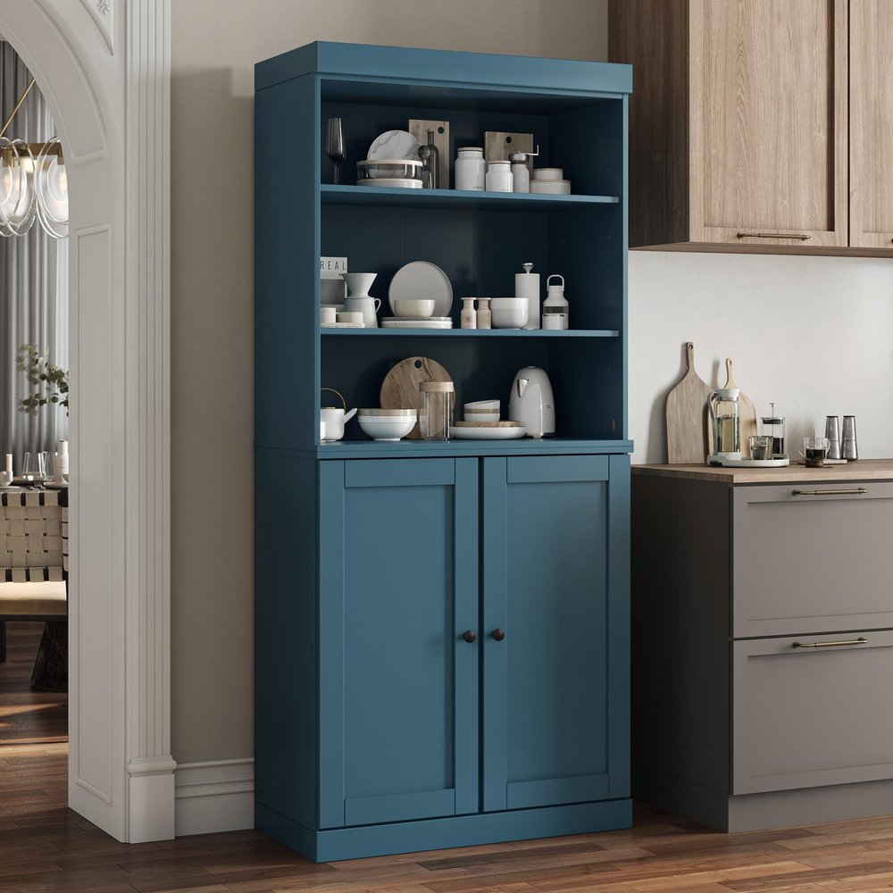 72" Teal Blue Solid Wood Two Door Pantry Or Storage Closet