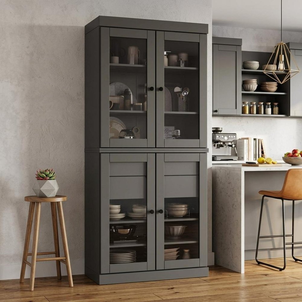 72" Gray Solid Wood Four Door Two Drawer Pantry Or Storage Closet