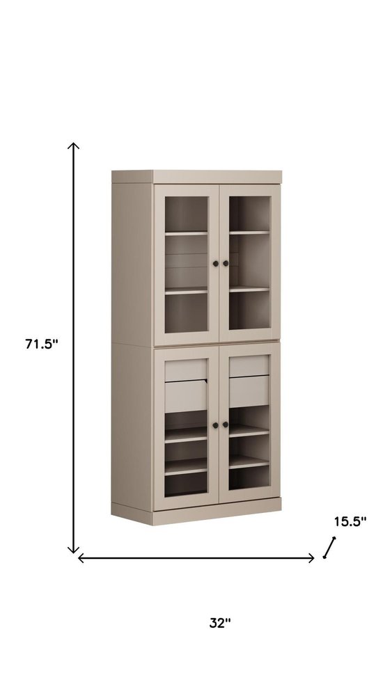 72" Beige Solid Wood Four Door Two Drawer Pantry Or Storage Closet