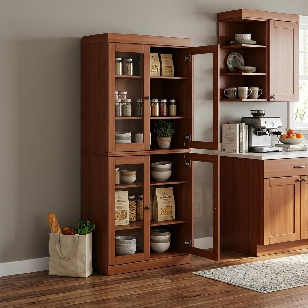 72" Coffee Solid Wood Four Door Pantry Or Storage Closet