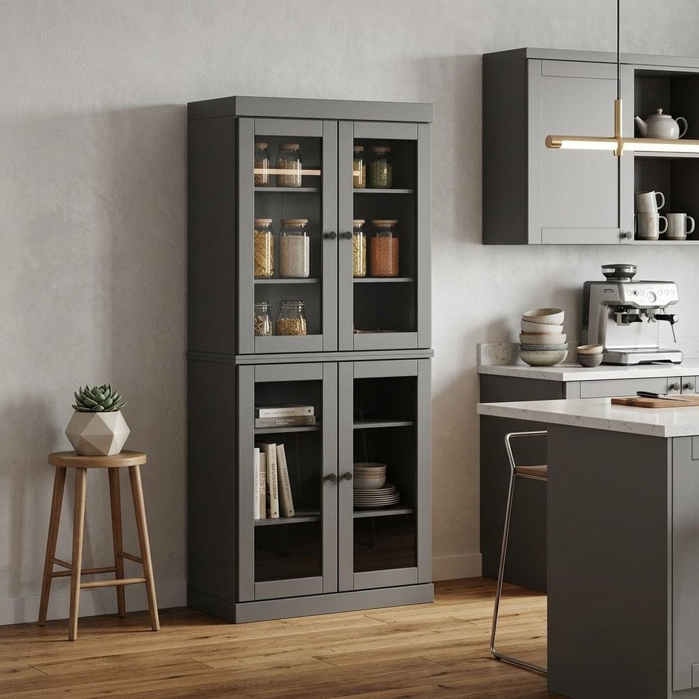 72" Gray Solid Wood Four Door Pantry Or Storage Closet