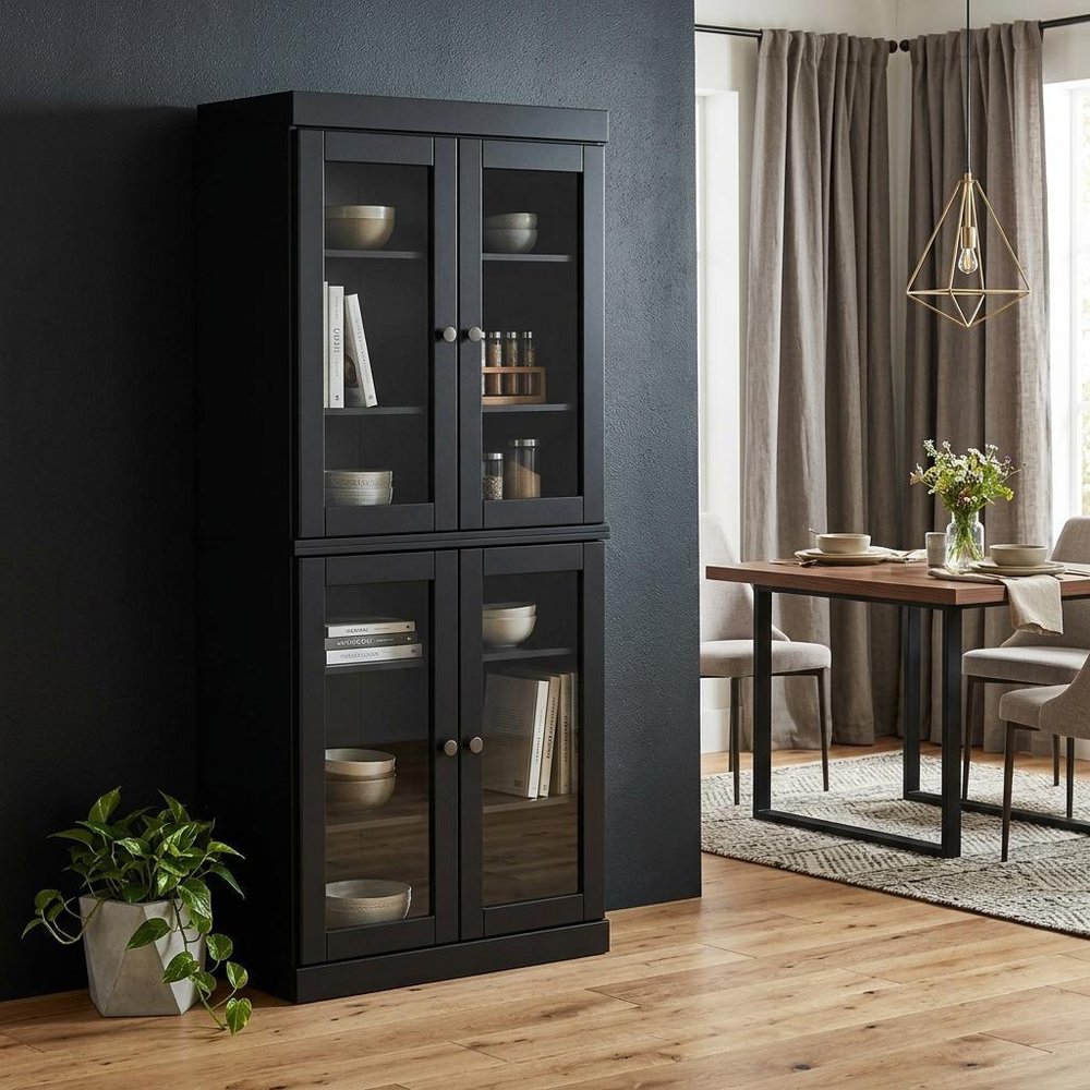 72" Black Solid Wood Four Door Pantry Or Storage Closet
