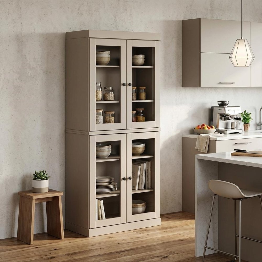 72" Beige Solid Wood Four Door Pantry Or Storage Closet
