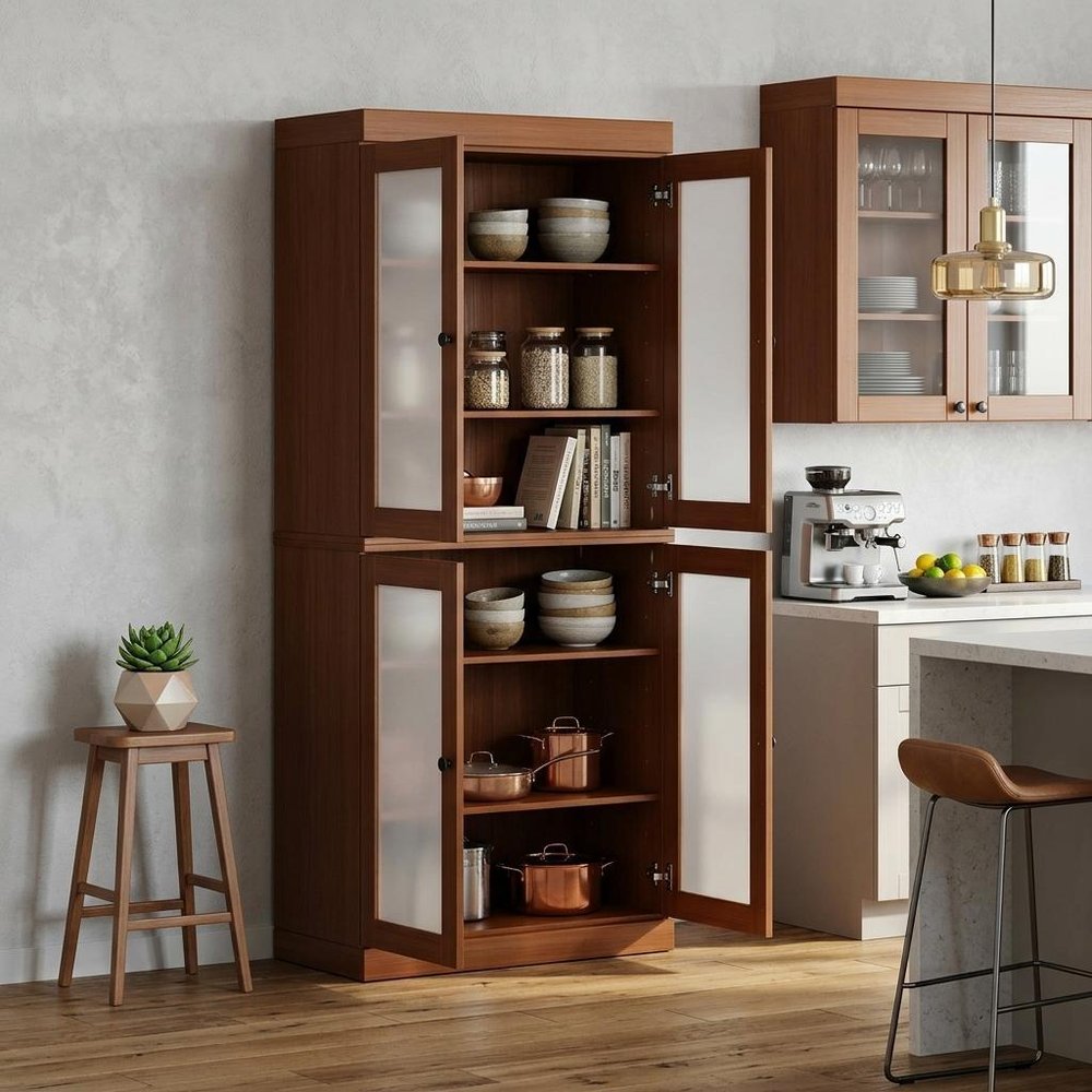 72" Coffee Solid Wood Four Door Pantry Or Storage Closet