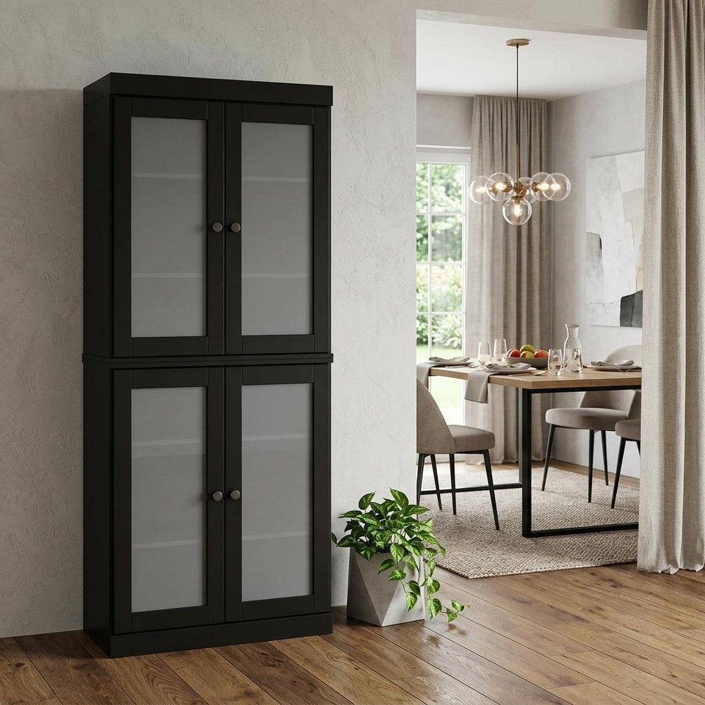 72" Black Solid Wood Four Door Pantry Or Storage Closet
