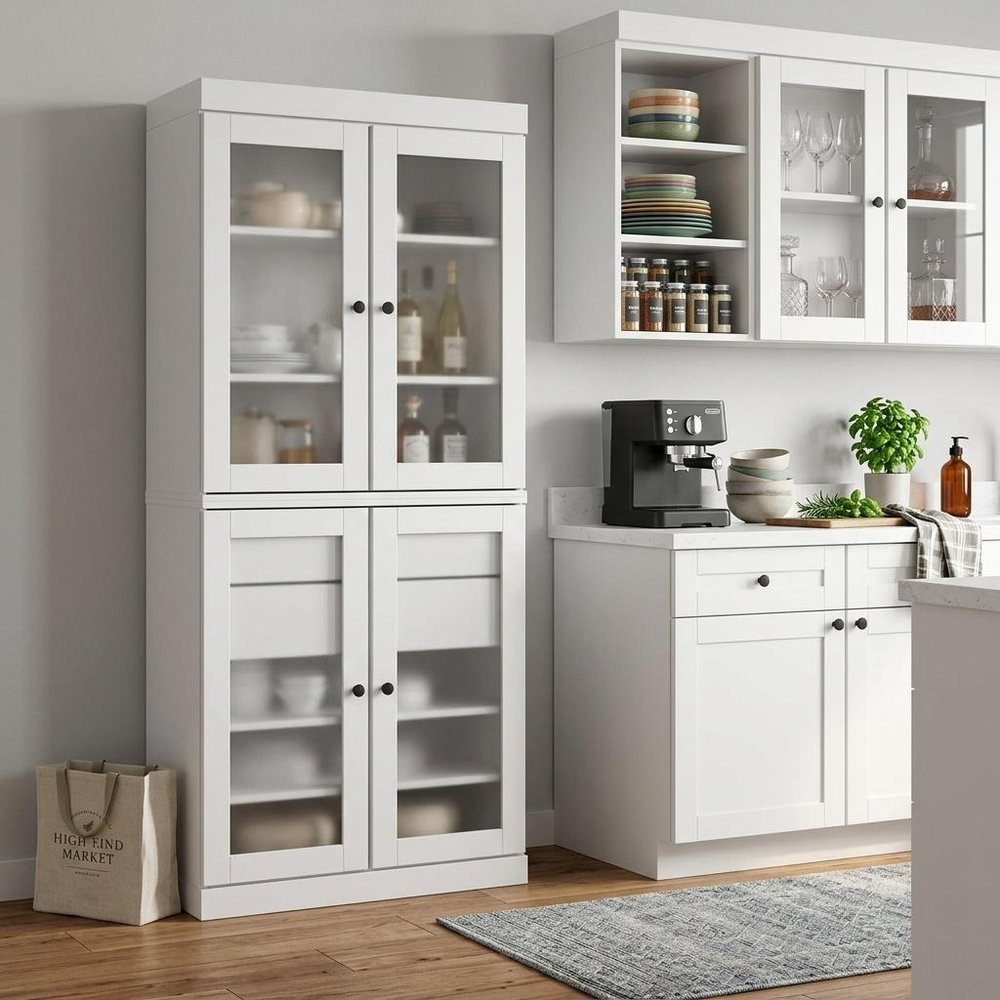 72" White Solid Wood Four Door Two Drawer Pantry Or Storage Closet