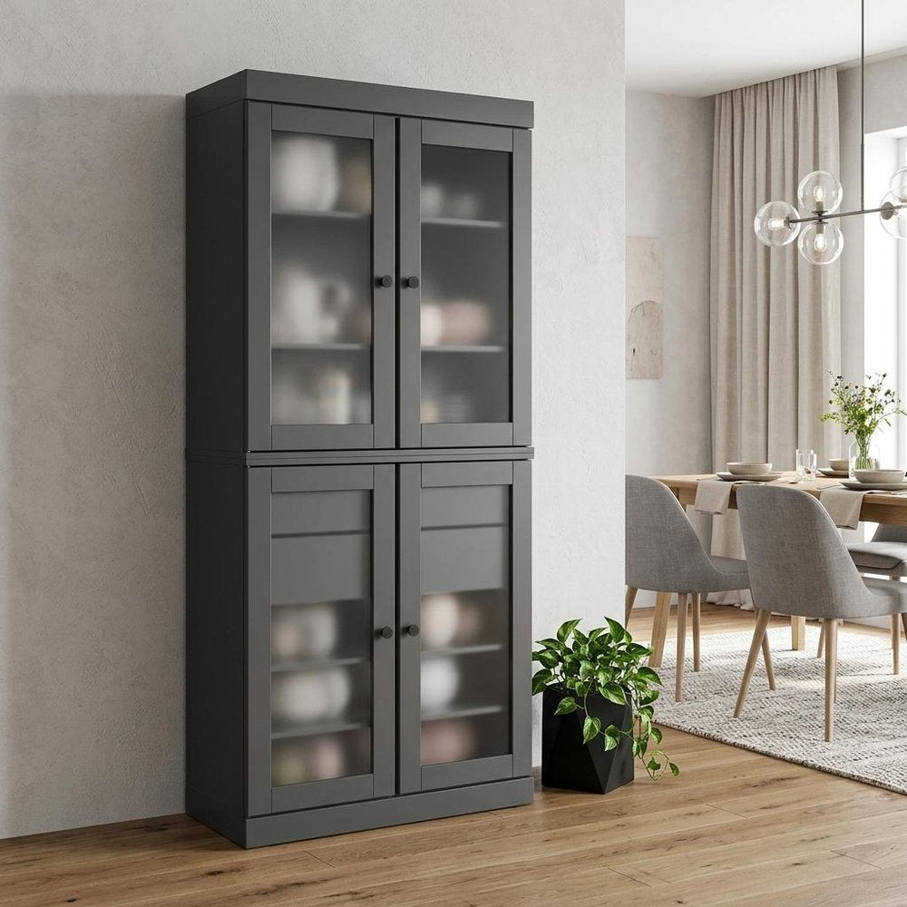 72" Gray Solid Wood Four Door Two Drawer Pantry Or Storage Closet