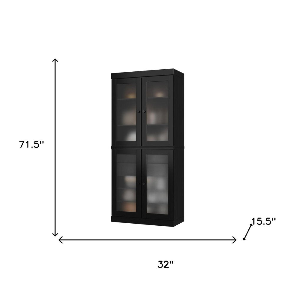 72" Black Solid Wood Four Door Two Drawer Pantry Or Storage Closet