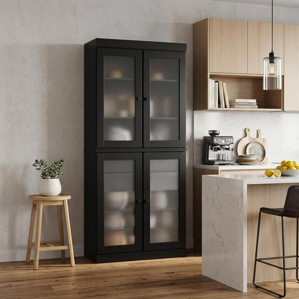 72" Black Solid Wood Four Door Two Drawer Pantry Or Storage Closet