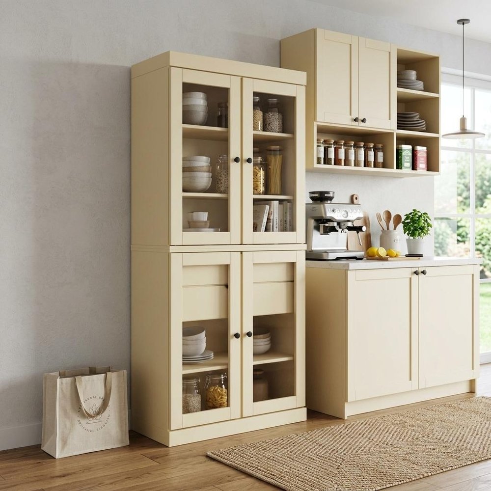 72" Yellow Solid Wood Four Door Two Drawer Pantry Or Storage Closet