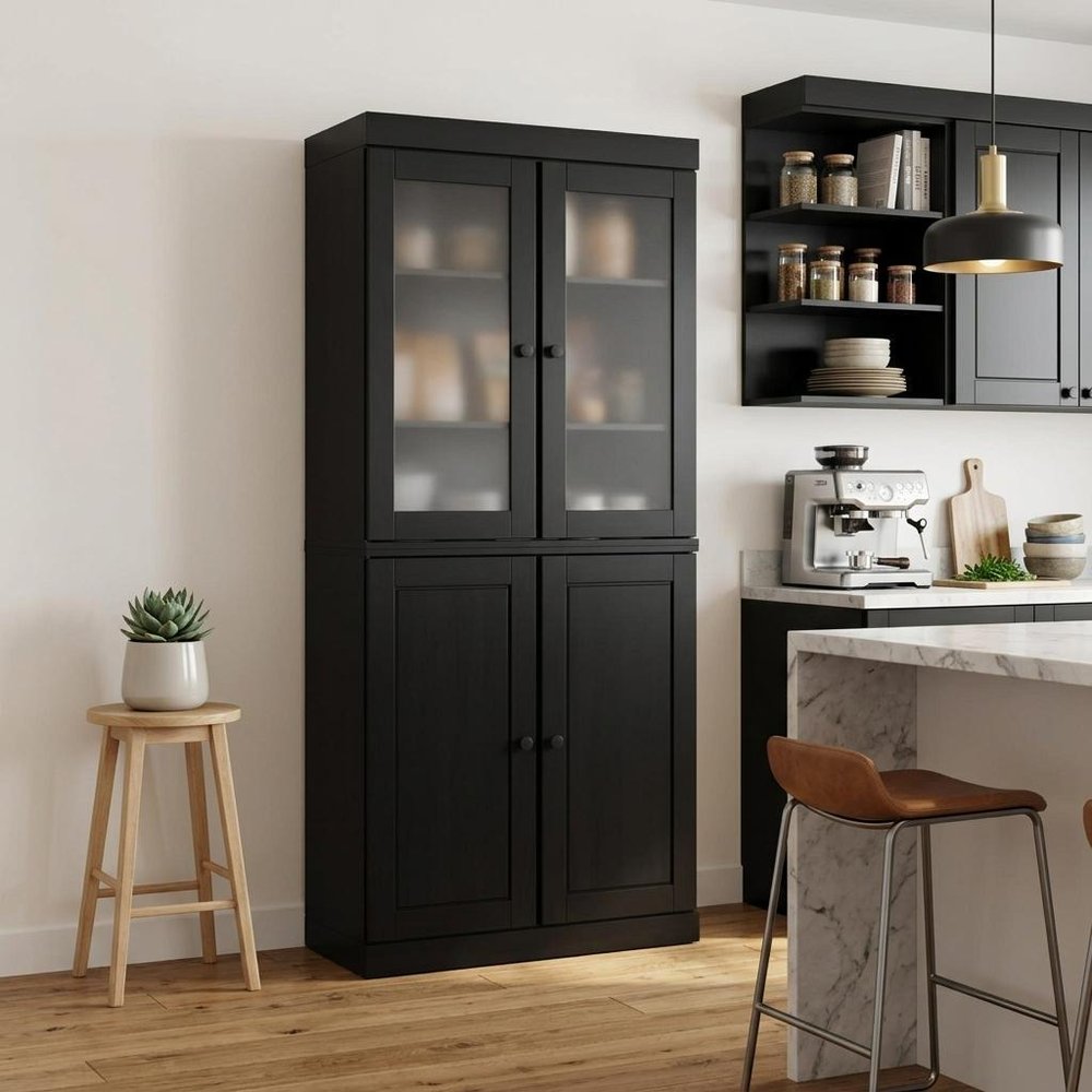 72" Black Solid Wood Four Door Pantry Or Storage Closet
