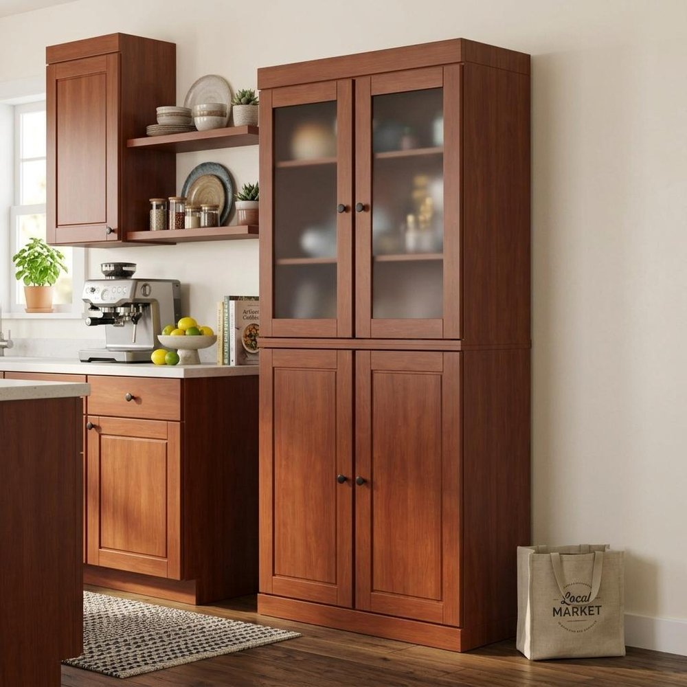 72" Coffee Solid Wood Four Door Two Drawer Pantry Or Storage Closet