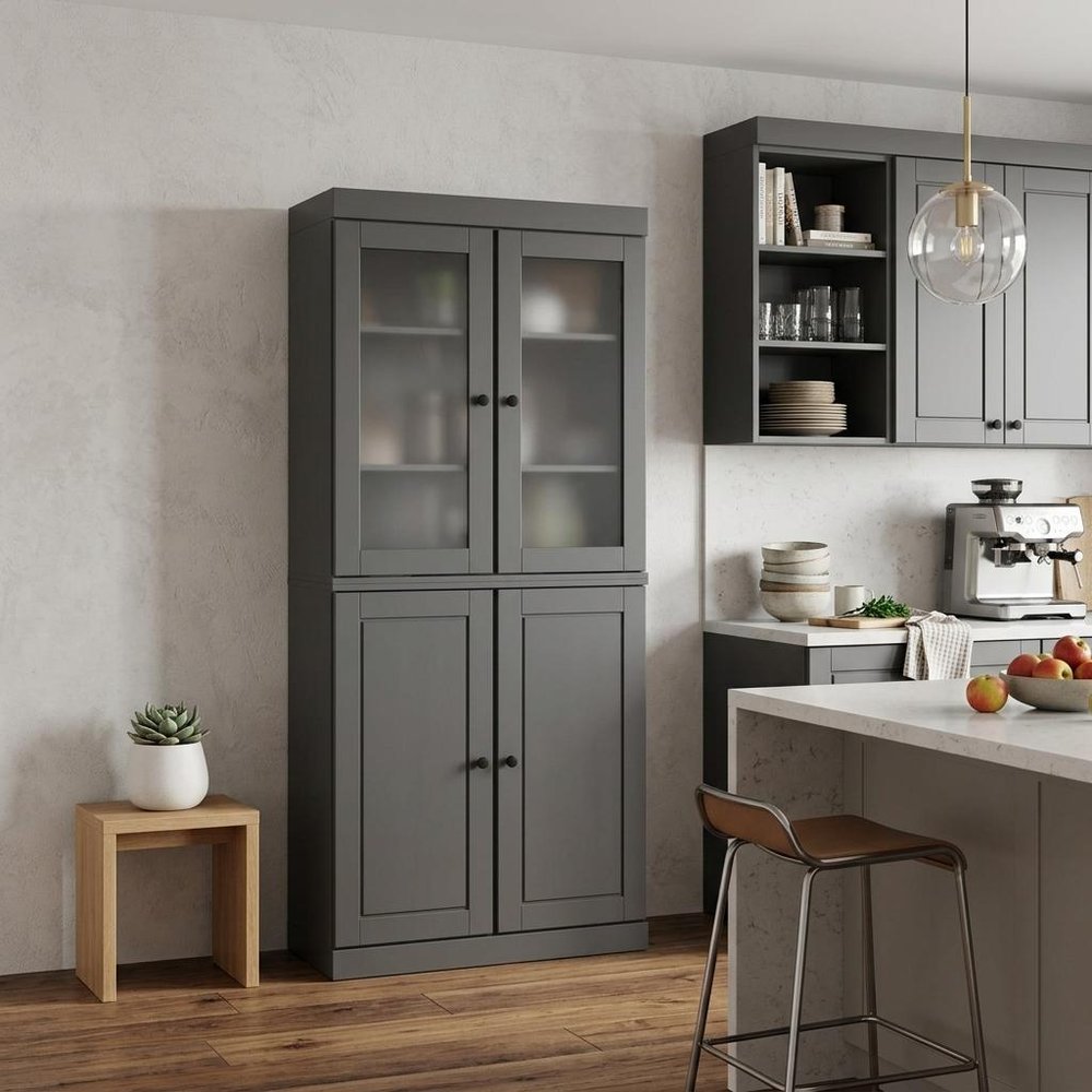72" Gray Solid Wood Four Door Two Drawer Pantry Or Storage Closet