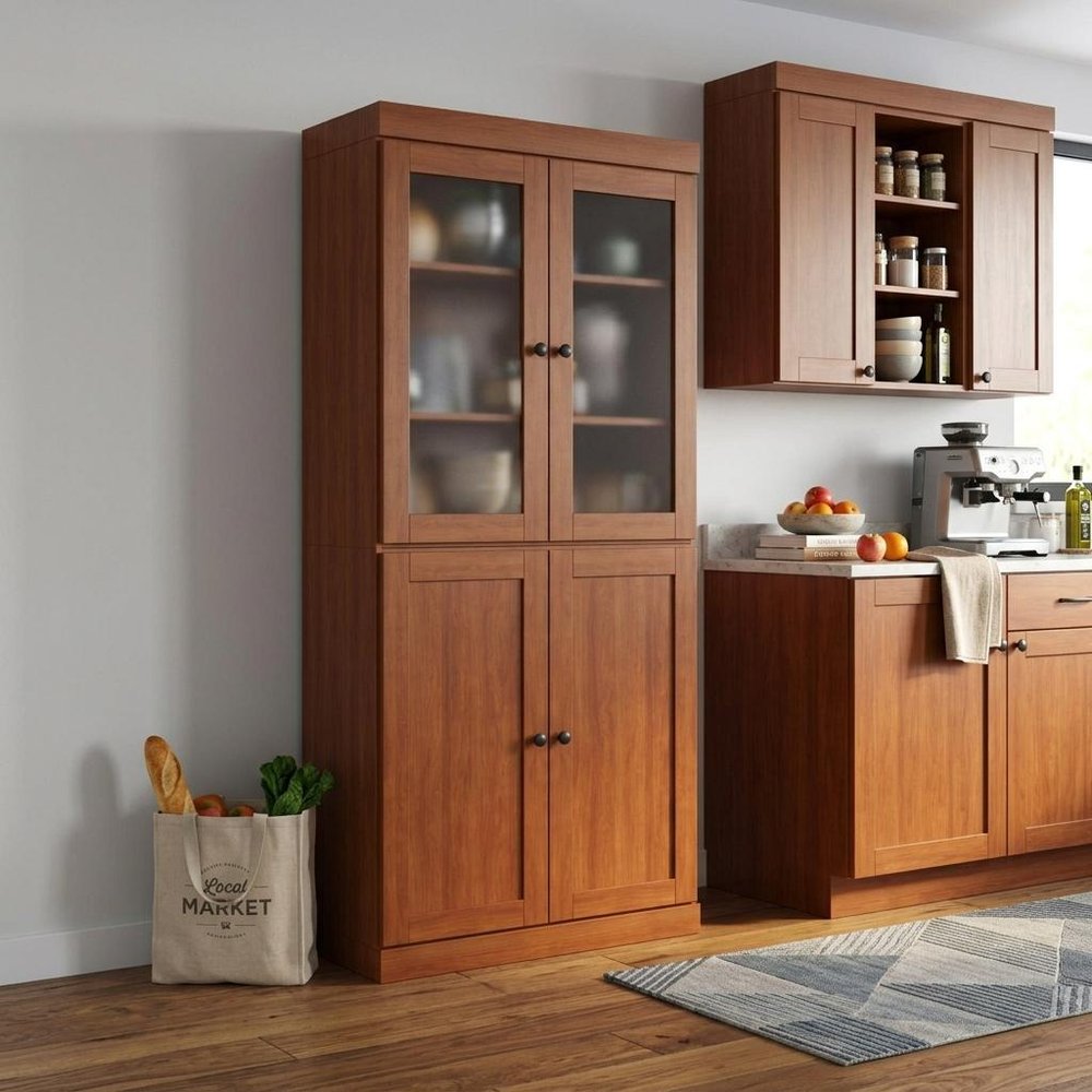 72" Coffee Solid Wood Four Door Two Drawer Pantry Or Storage Closet