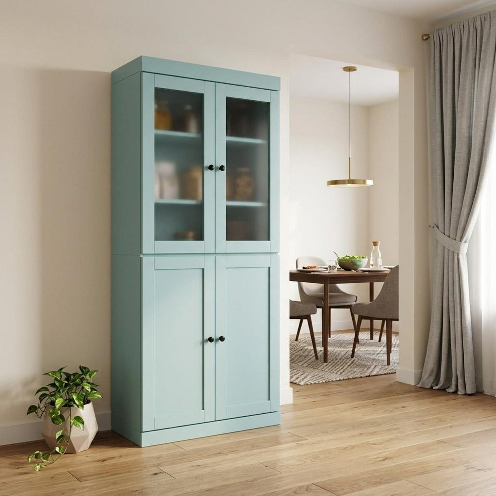72" Aqua Solid Wood Four Door Two Drawer Pantry Or Storage Closet