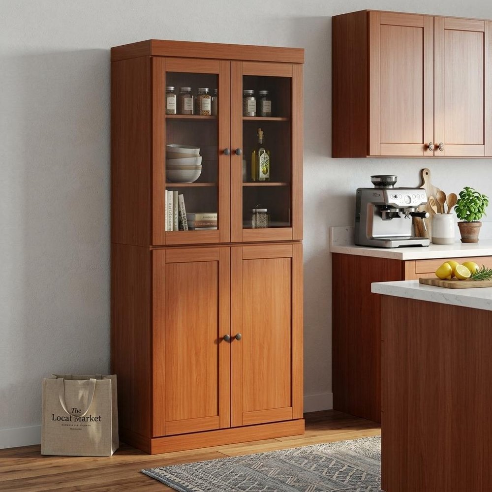 72" Coffee Solid Wood Four Door Pantry Or Storage Closet