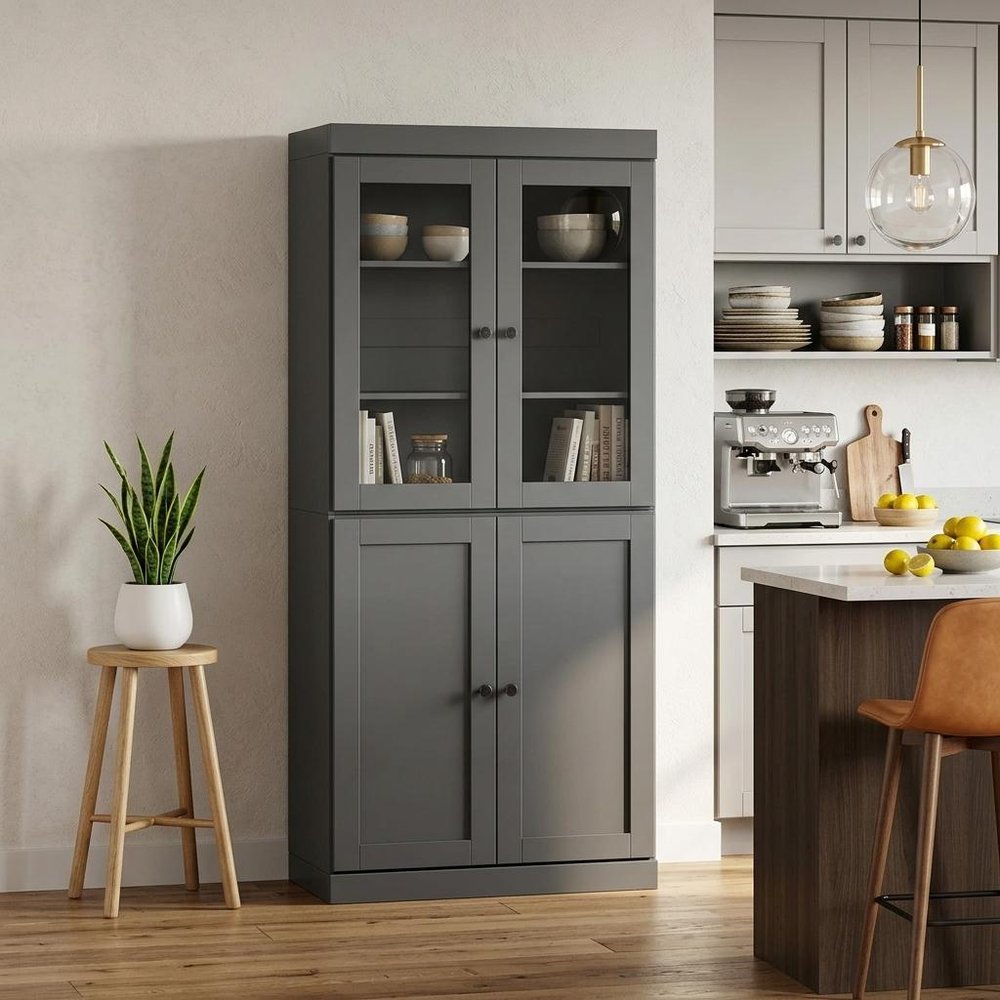 72" Gray Solid Wood Four Door Pantry Or Storage Closet
