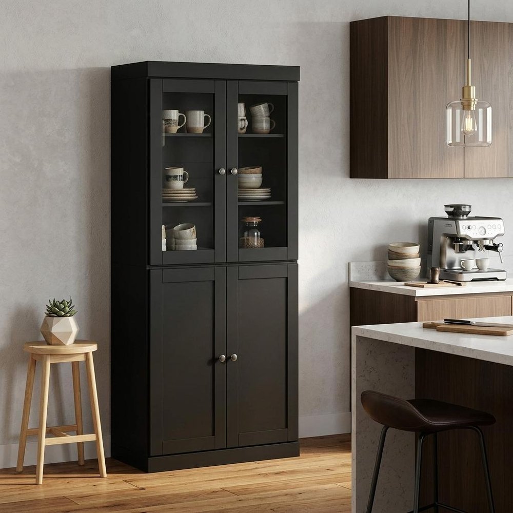 72" Black Solid Wood Four Door Pantry Or Storage Closet