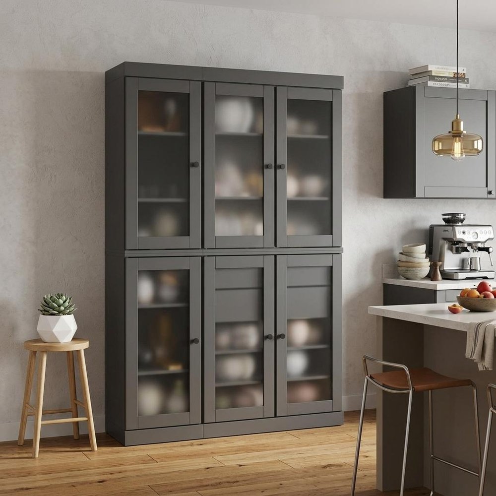 72" Gray Solid Wood Six Door Two Drawer Pantry Or Storage Closet
