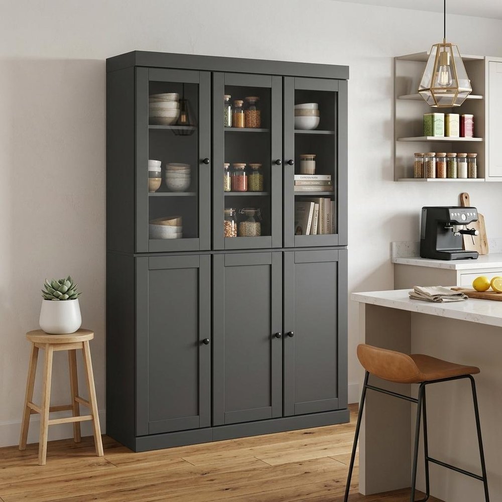 72" Gray Solid Wood Six Door Two Drawer Pantry Or Storage Closet