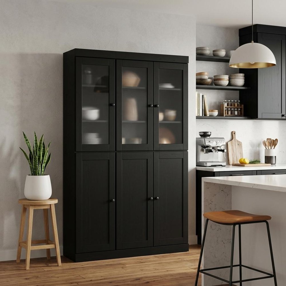 72" Black Solid Wood Six Door Two Drawer Pantry Or Storage Closet