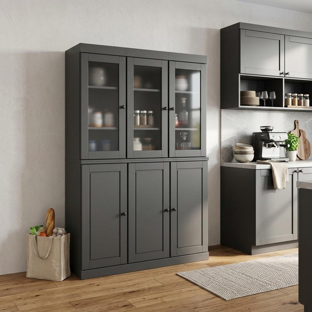 72" Gray Solid Wood Six Door Two Drawer Pantry Or Storage Closet