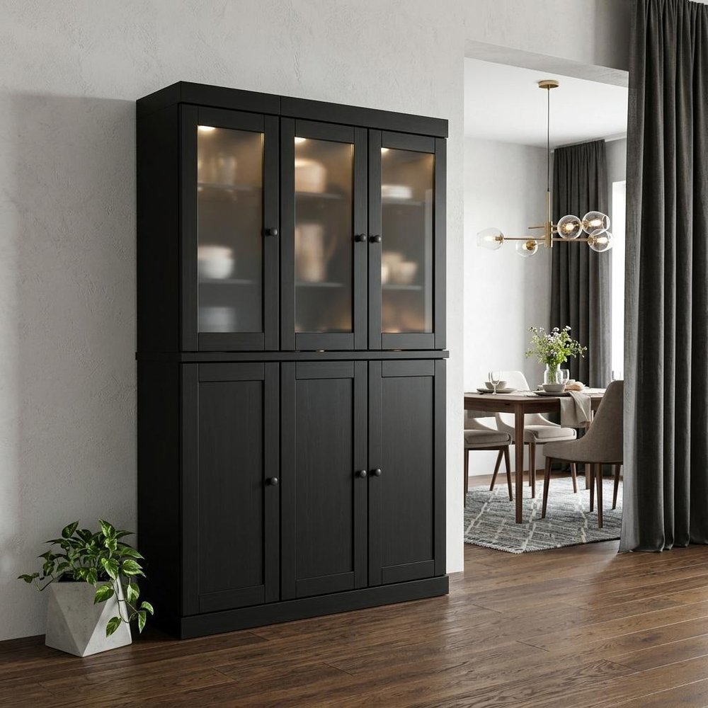 72" Black Solid Wood Six Door Two Drawer Pantry Or Storage Closet