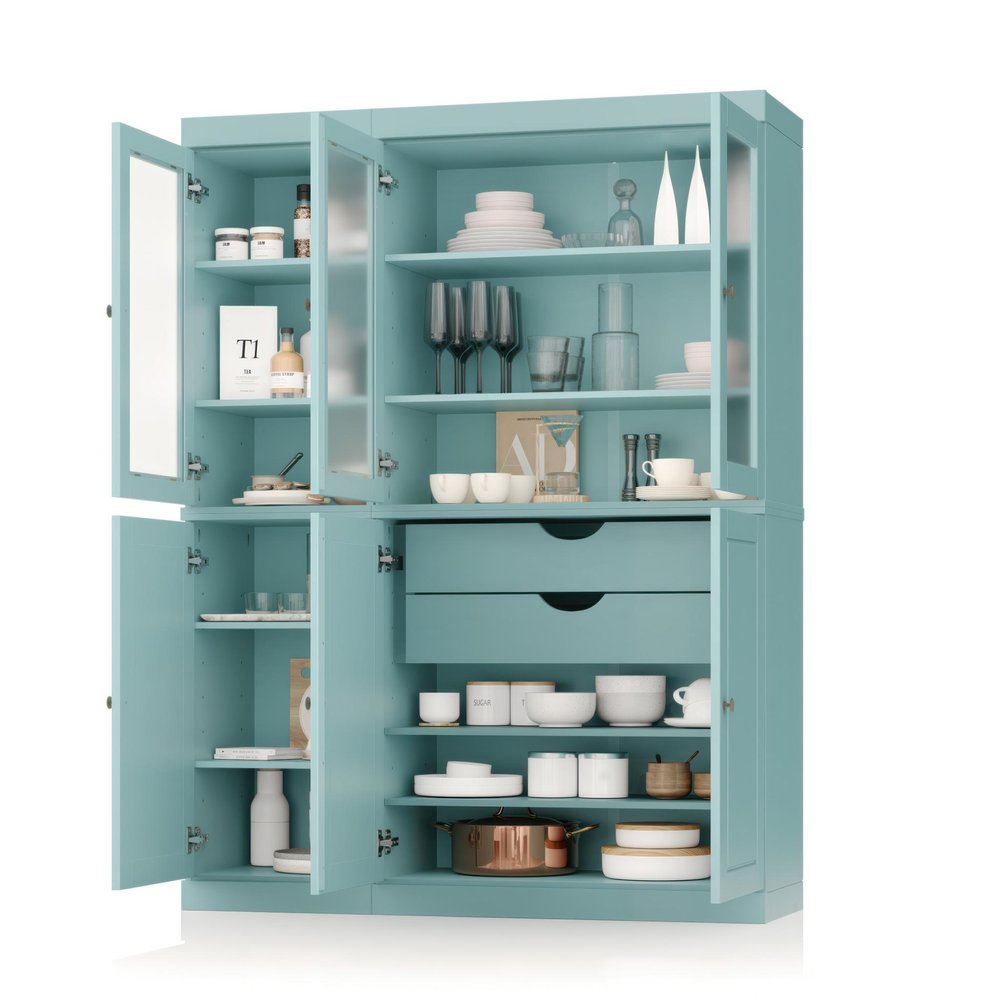 72" Aqua Solid Wood Six Door Two Drawer Pantry Or Storage Closet