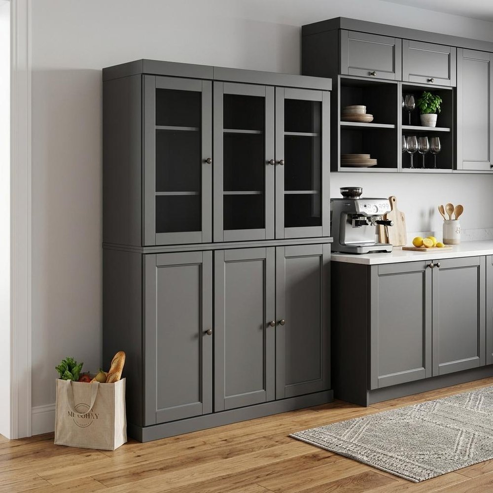 72" Gray Solid Wood Six Door Two Drawer Pantry Or Storage Closet