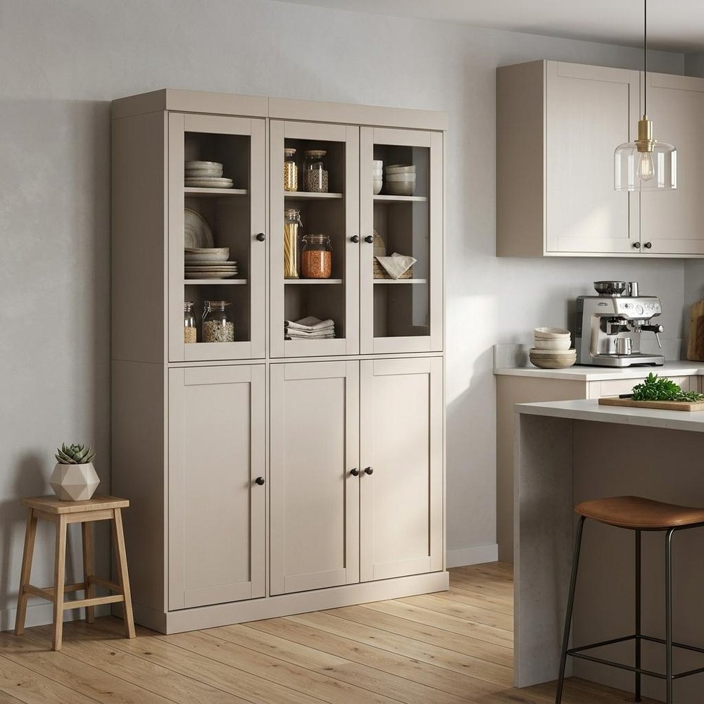 72" Beige Solid Wood Six Door Two Drawer Pantry Or Storage Closet
