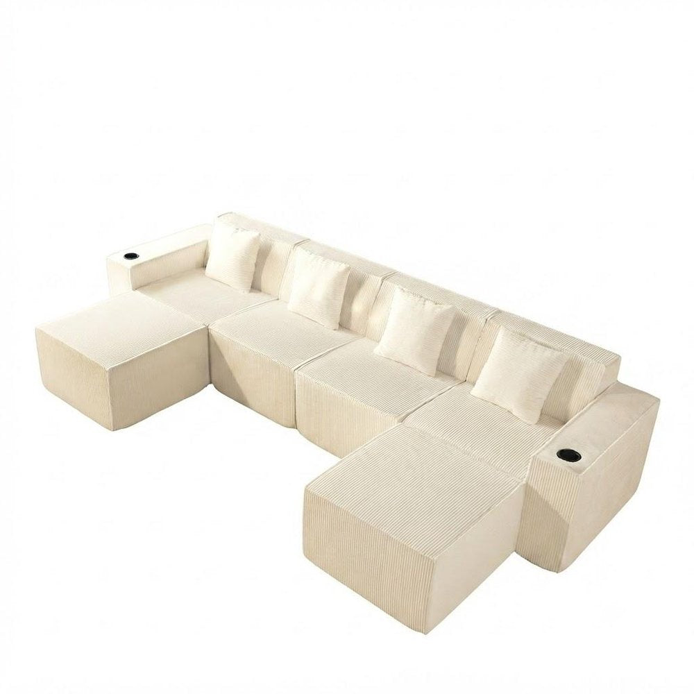 134" White Corduroy Modular Sofa With Ottoman And Toss Pillows