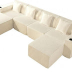 134" White Corduroy Modular Sofa With Ottoman And Toss Pillows