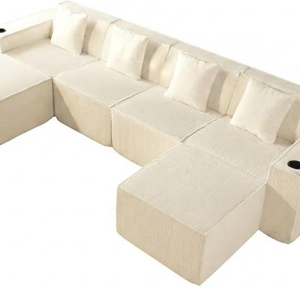 134" White Corduroy Modular Sofa With Ottoman And Toss Pillows