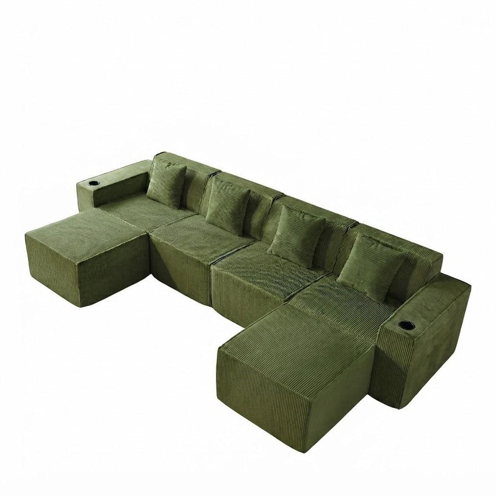 134" White Corduroy Modular Sofa With Ottoman And Toss Pillows