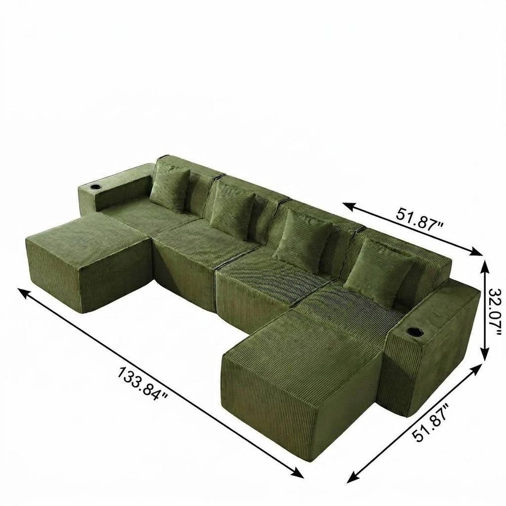 134" White Corduroy Modular Sofa With Ottoman And Toss Pillows